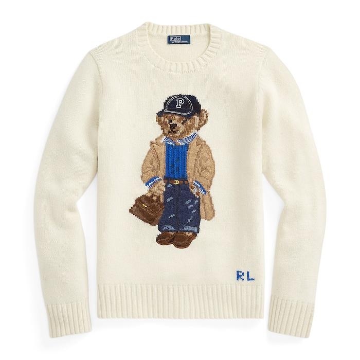 women cream polo bear wool-blend sweater