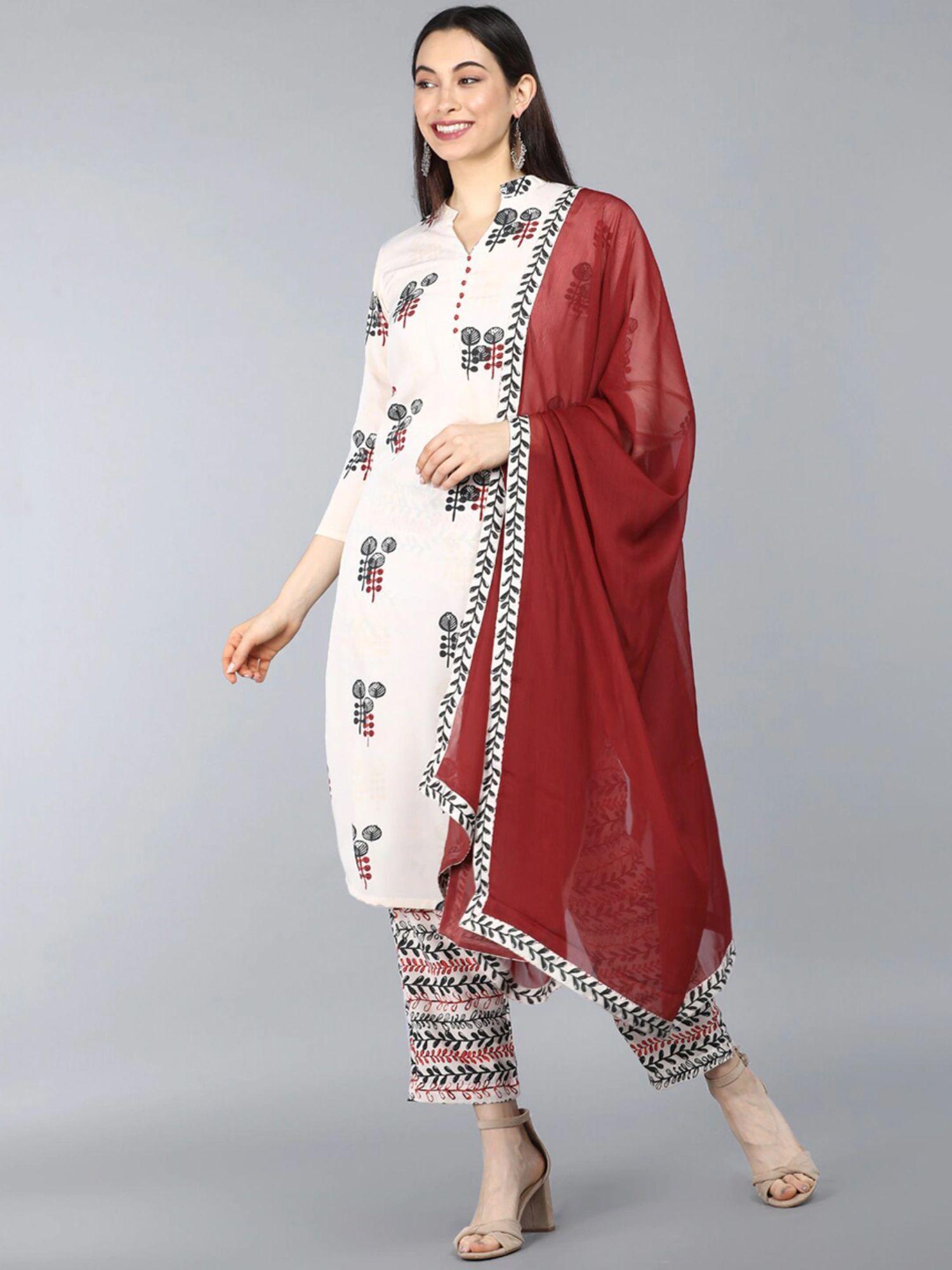 women cream poly crepe ethnic motifs printed kurta pant with dupatta (set of 3)