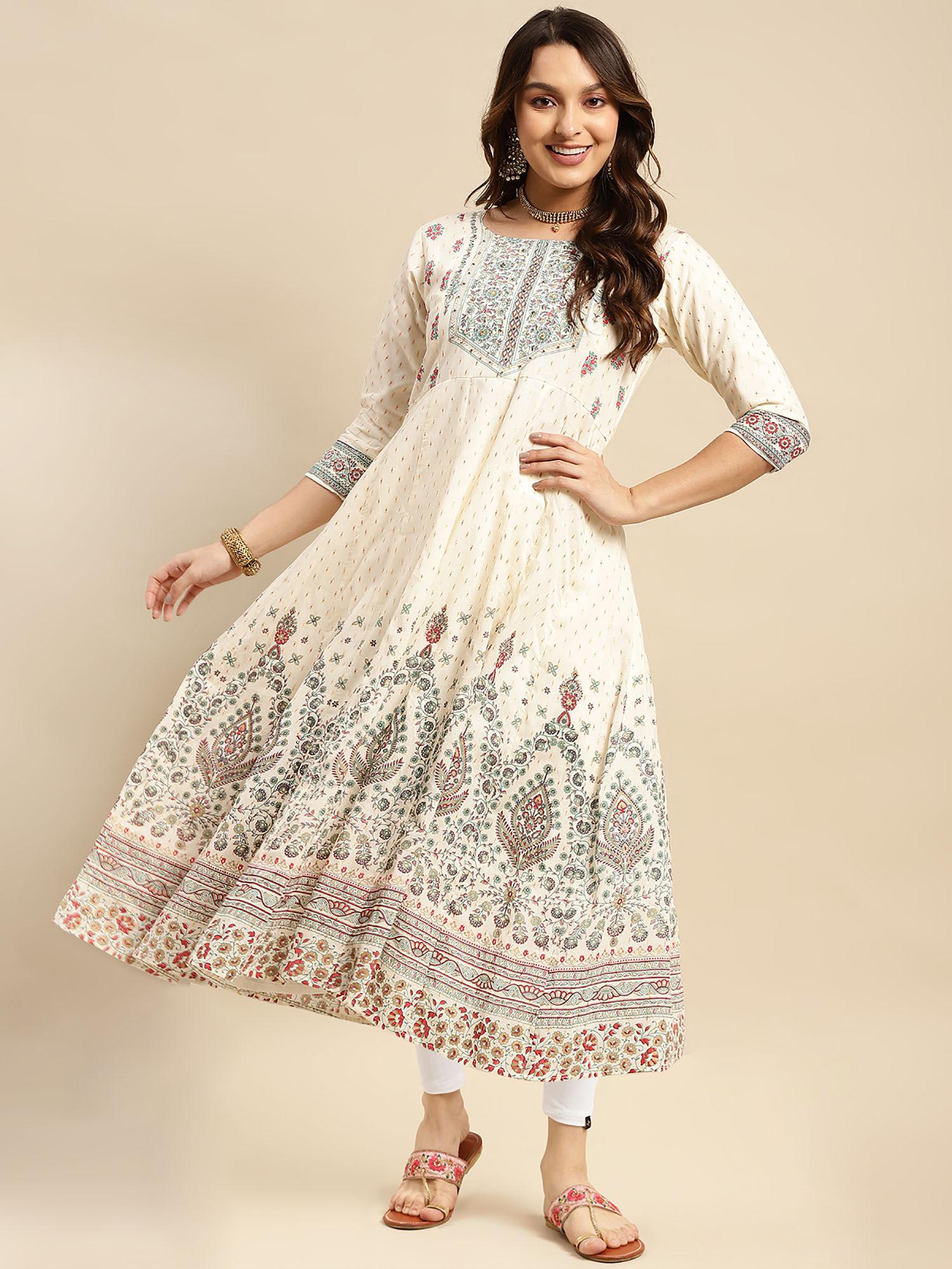 women cream printed anarkali kurta with leggings (set of 2)