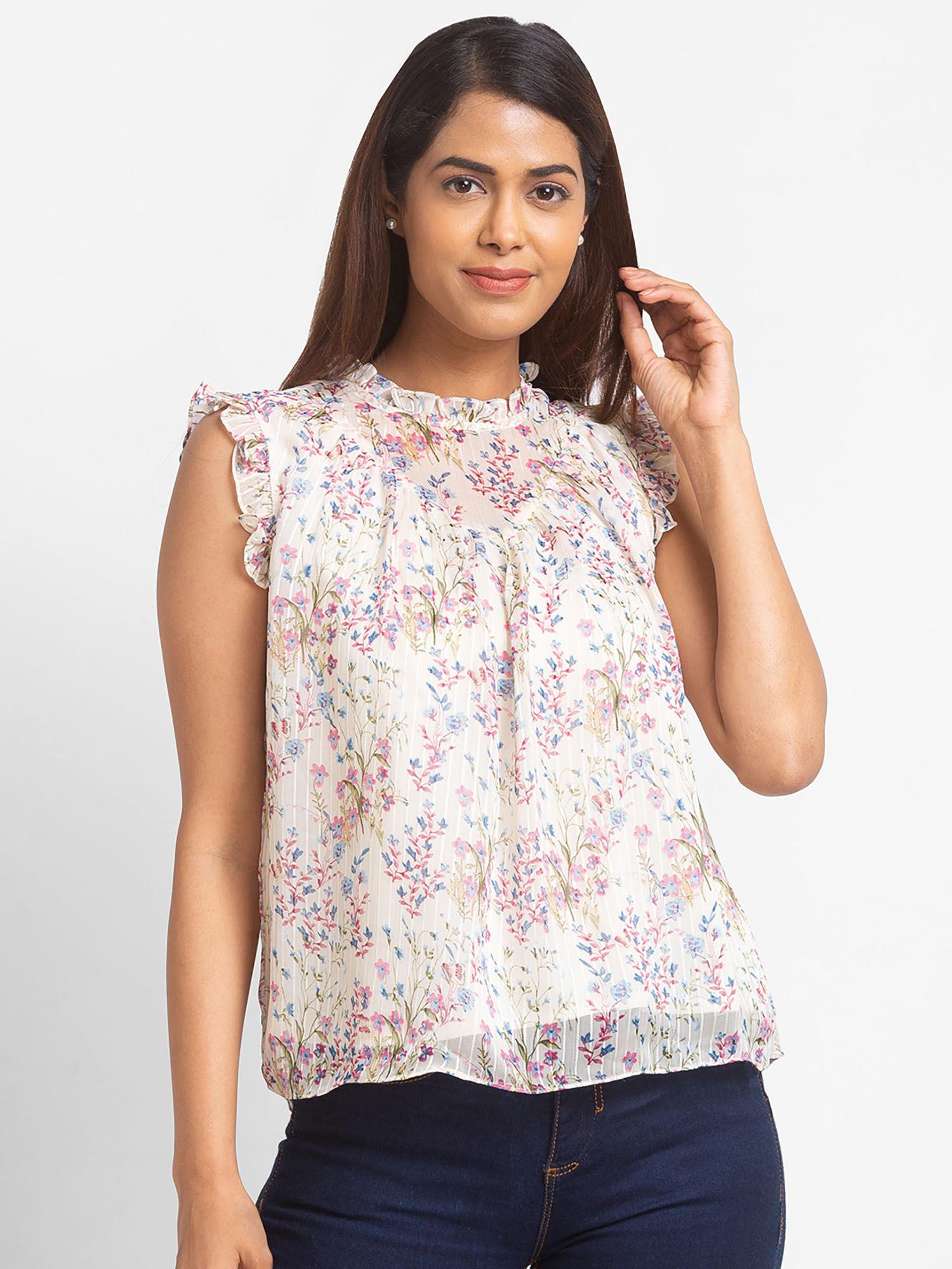 women cream printed round ruffle neck top