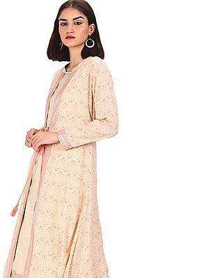 women cream round neck printed kurta with overlay