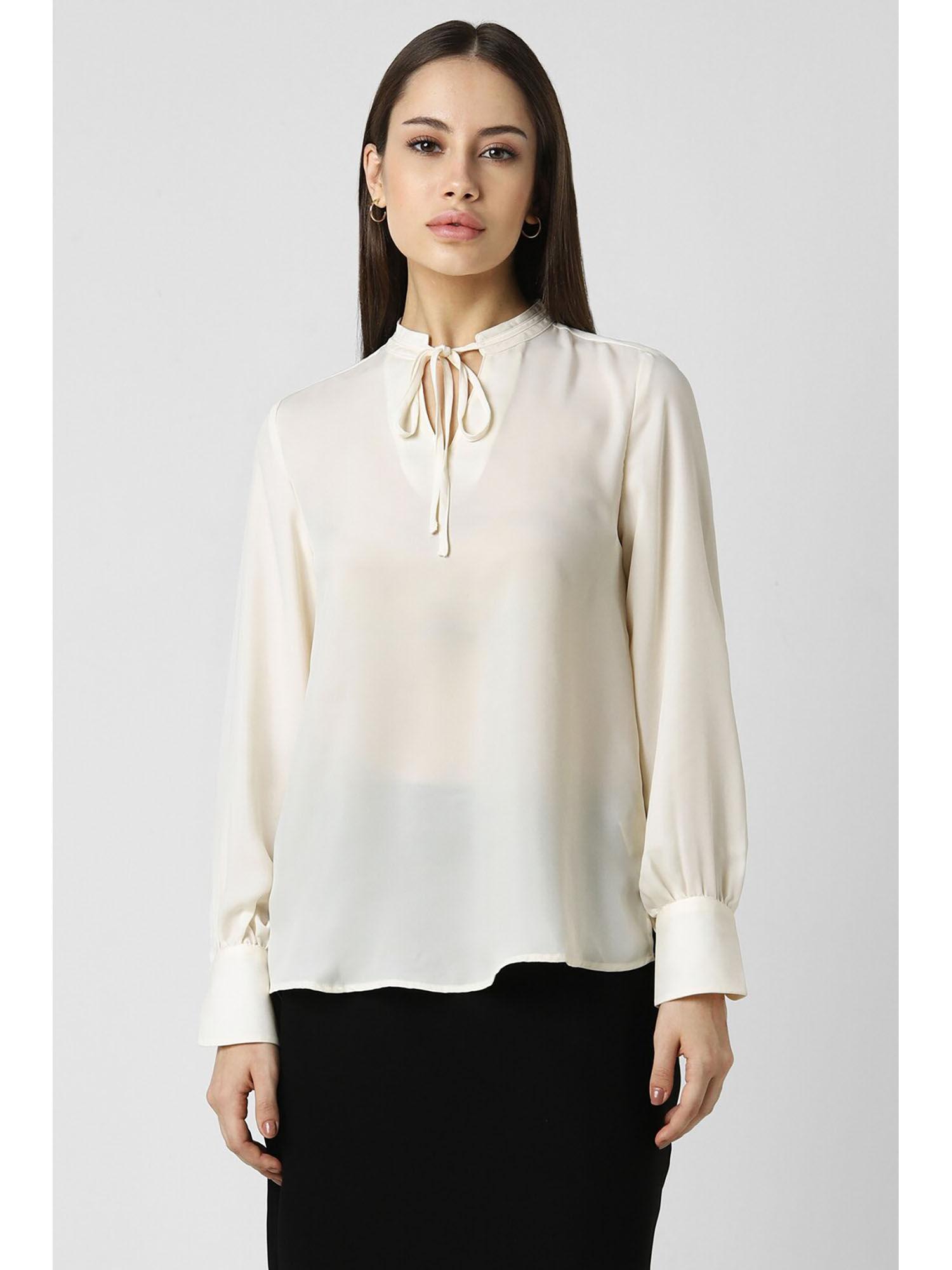 women cream solid formal tie up neck top