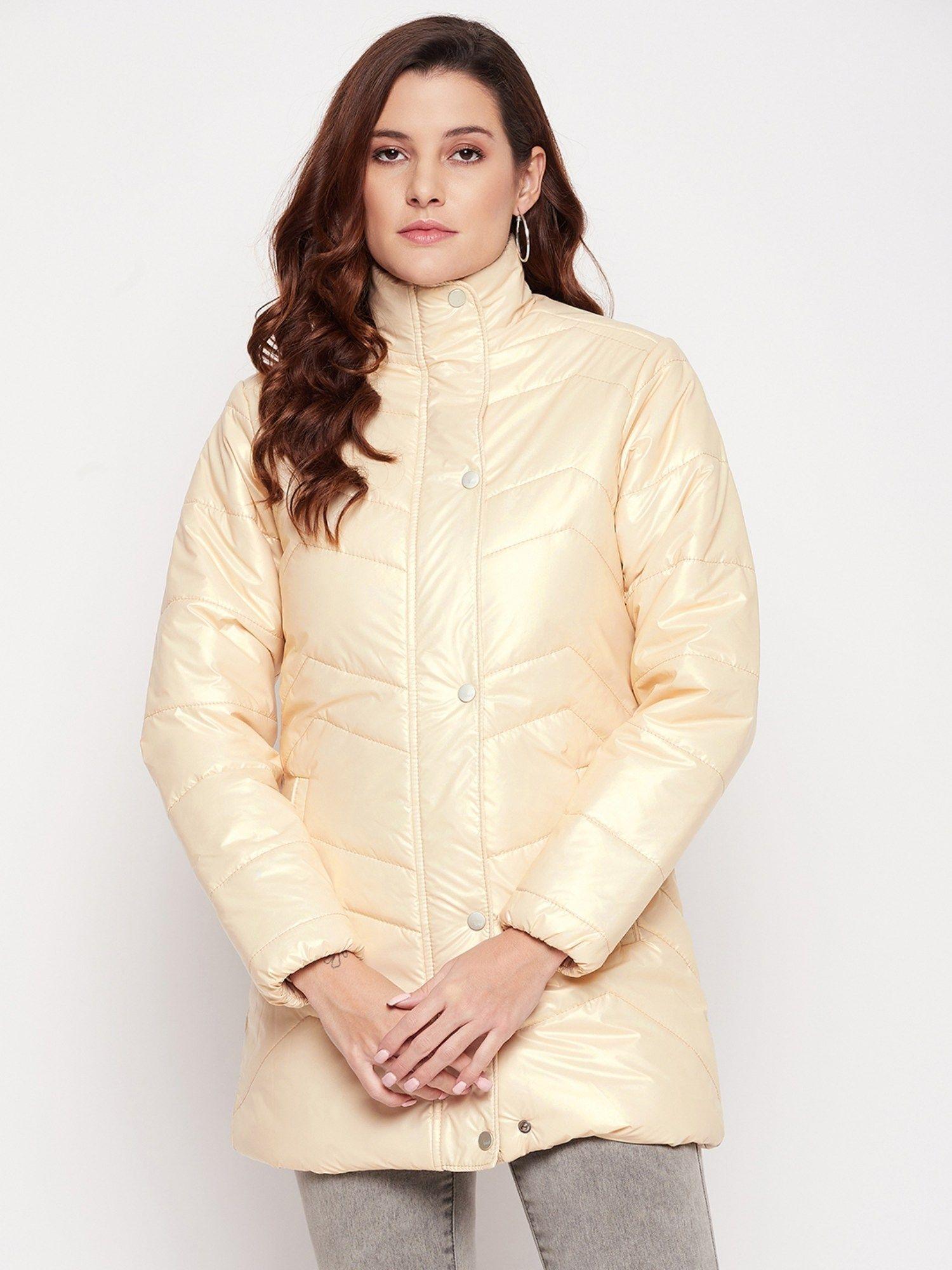 women cream solid full sleeve jacket