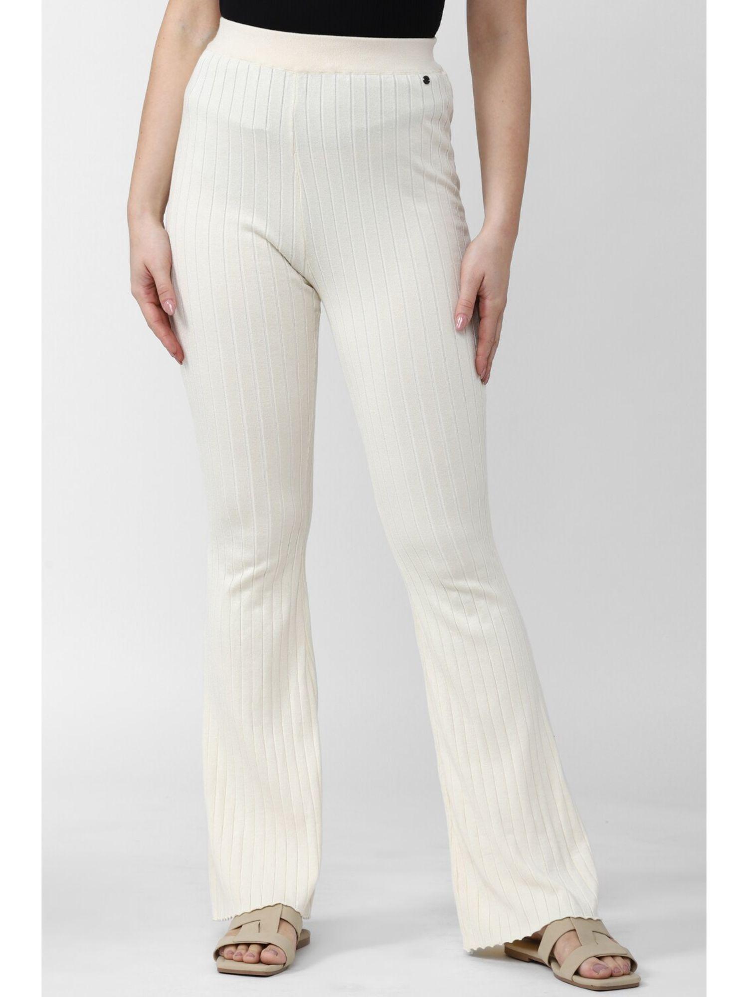 women cream stripe casual regular fit trousers