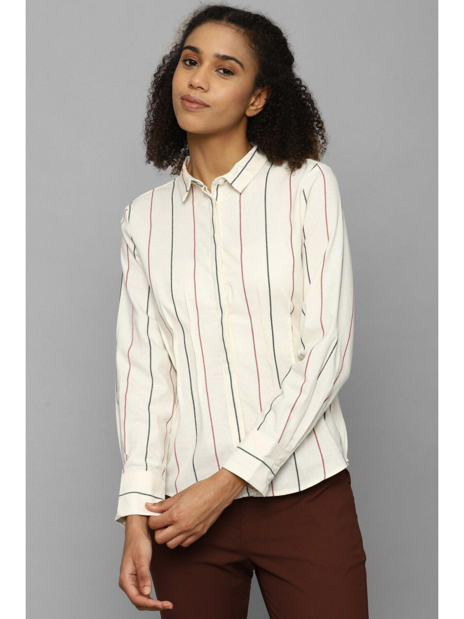 women cream stripe long sleeves shirt