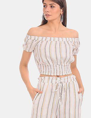 women cream striped off-shoulder crop top