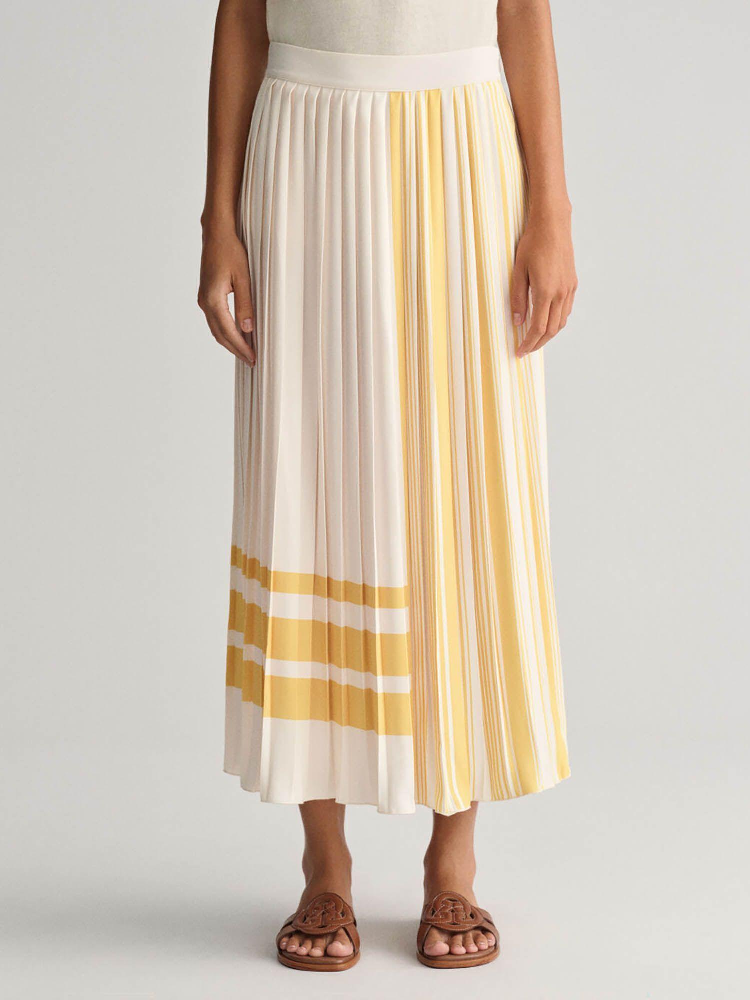 women cream striped regular fit pleated midi skirt