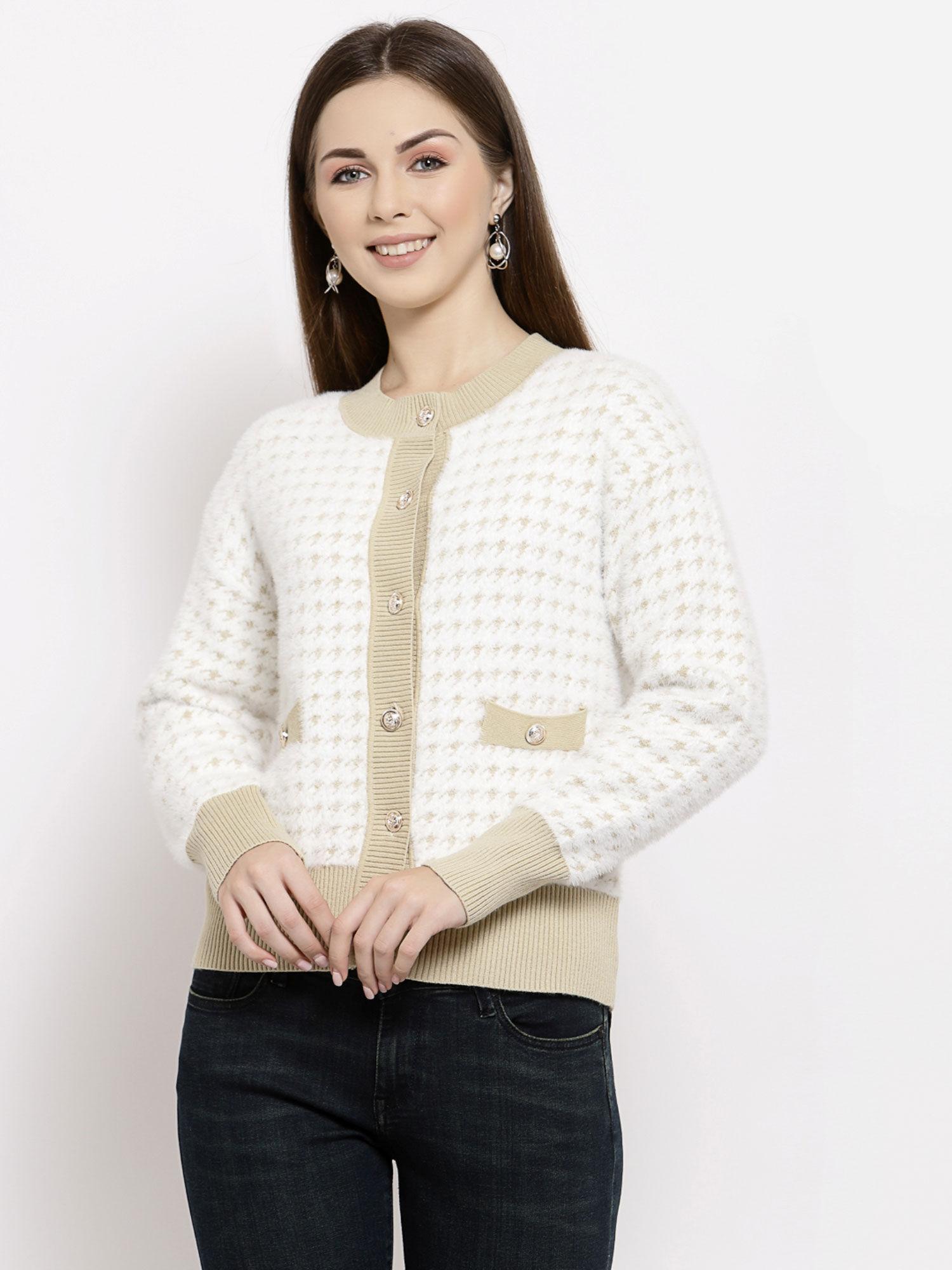 women cream textured round neck viscose cardigan