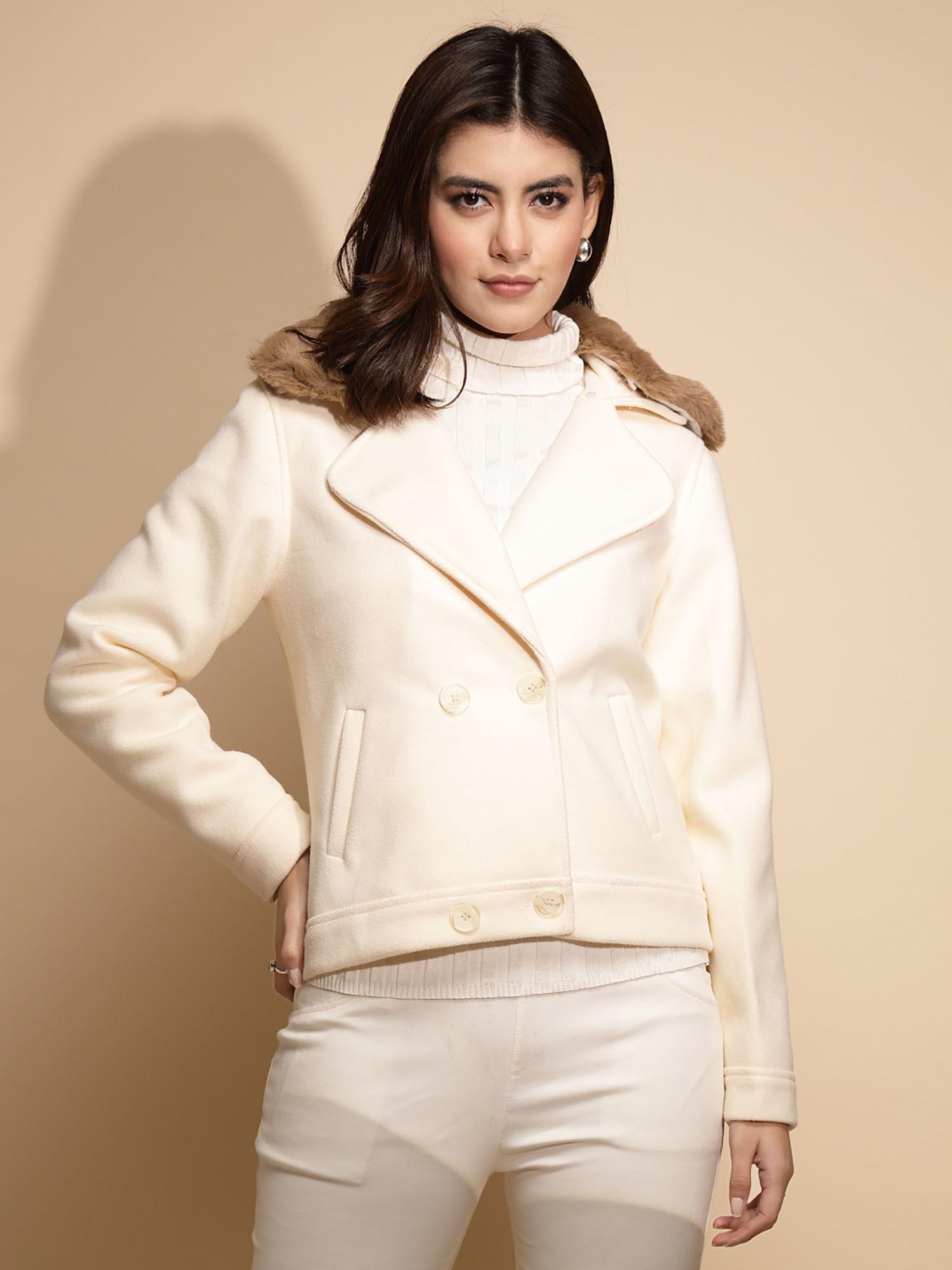 women cream woolen blend coat