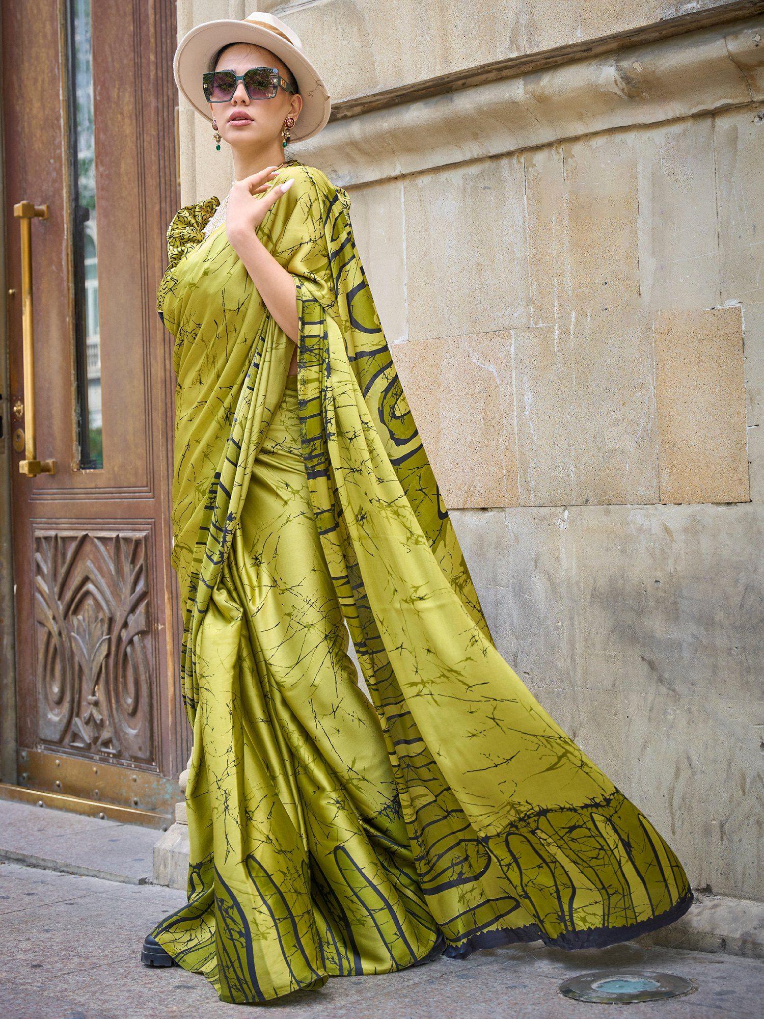 women crepe olive digital print designer saree with unstitched blouse piece