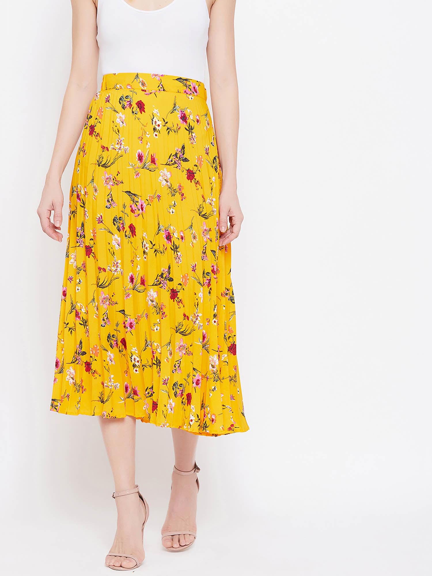 women crepe printed pleated midi skirt - yellow