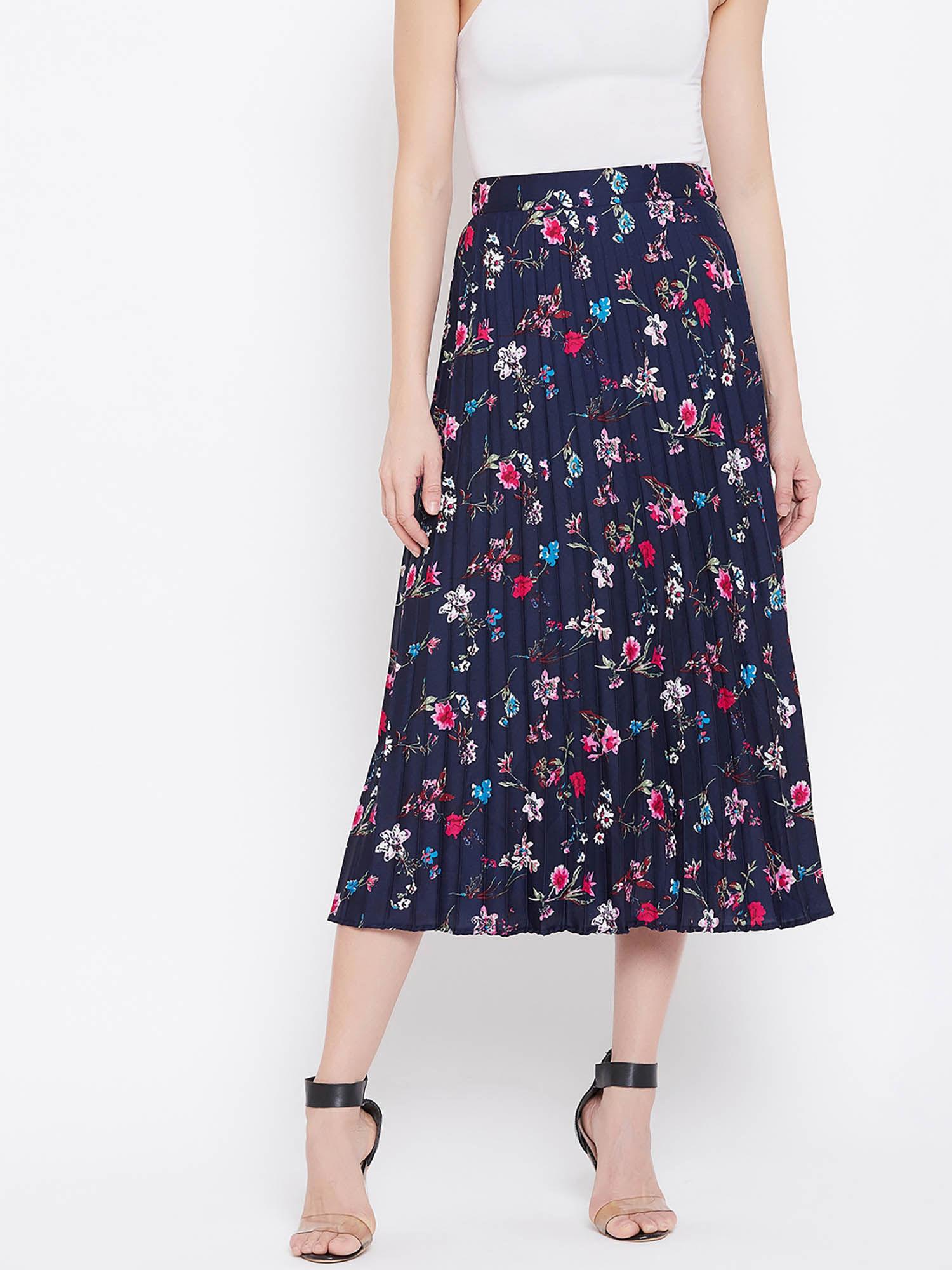 women crepe printed pleated midi skirt