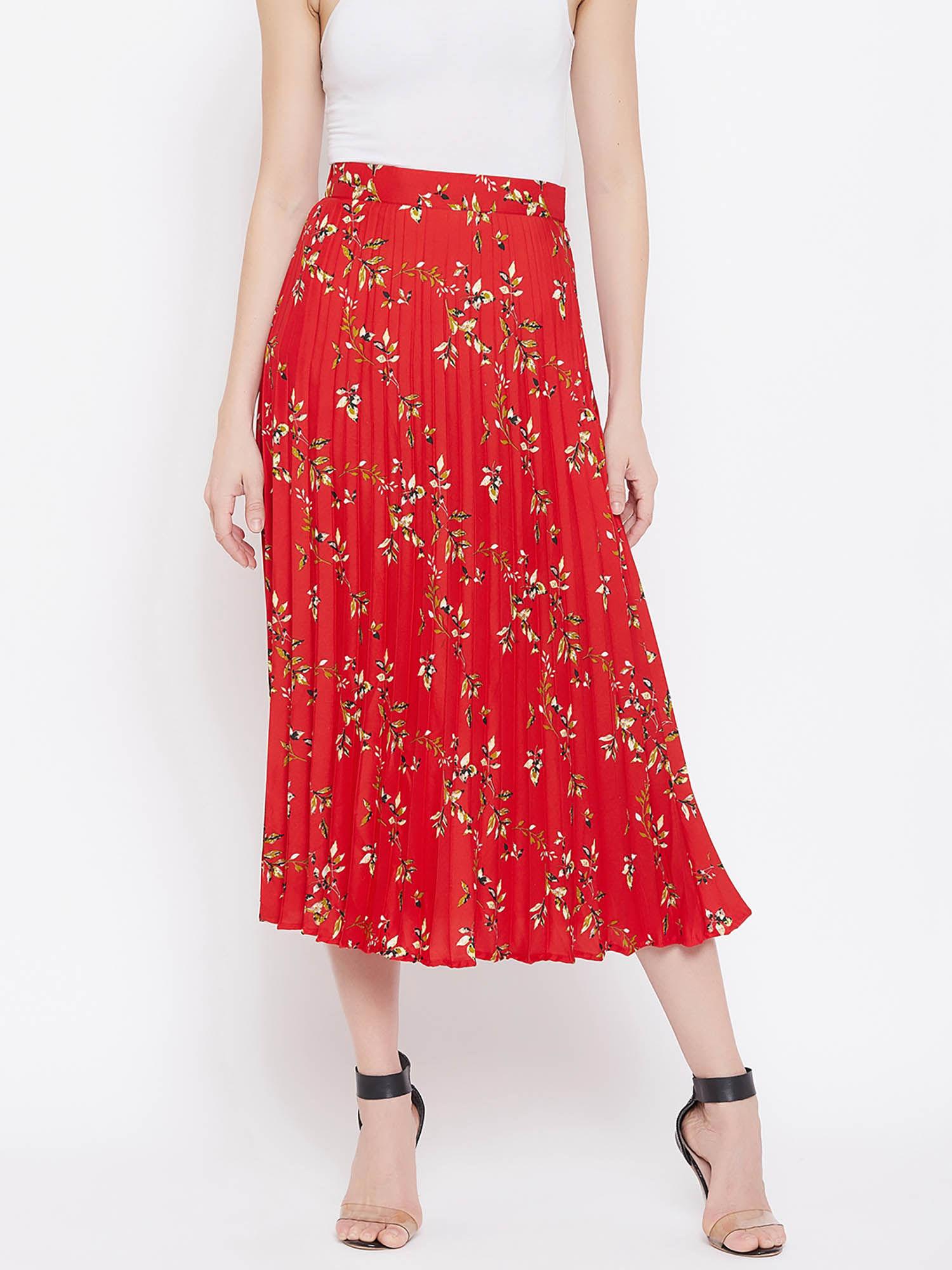 women crepe printed pleated midi skirt