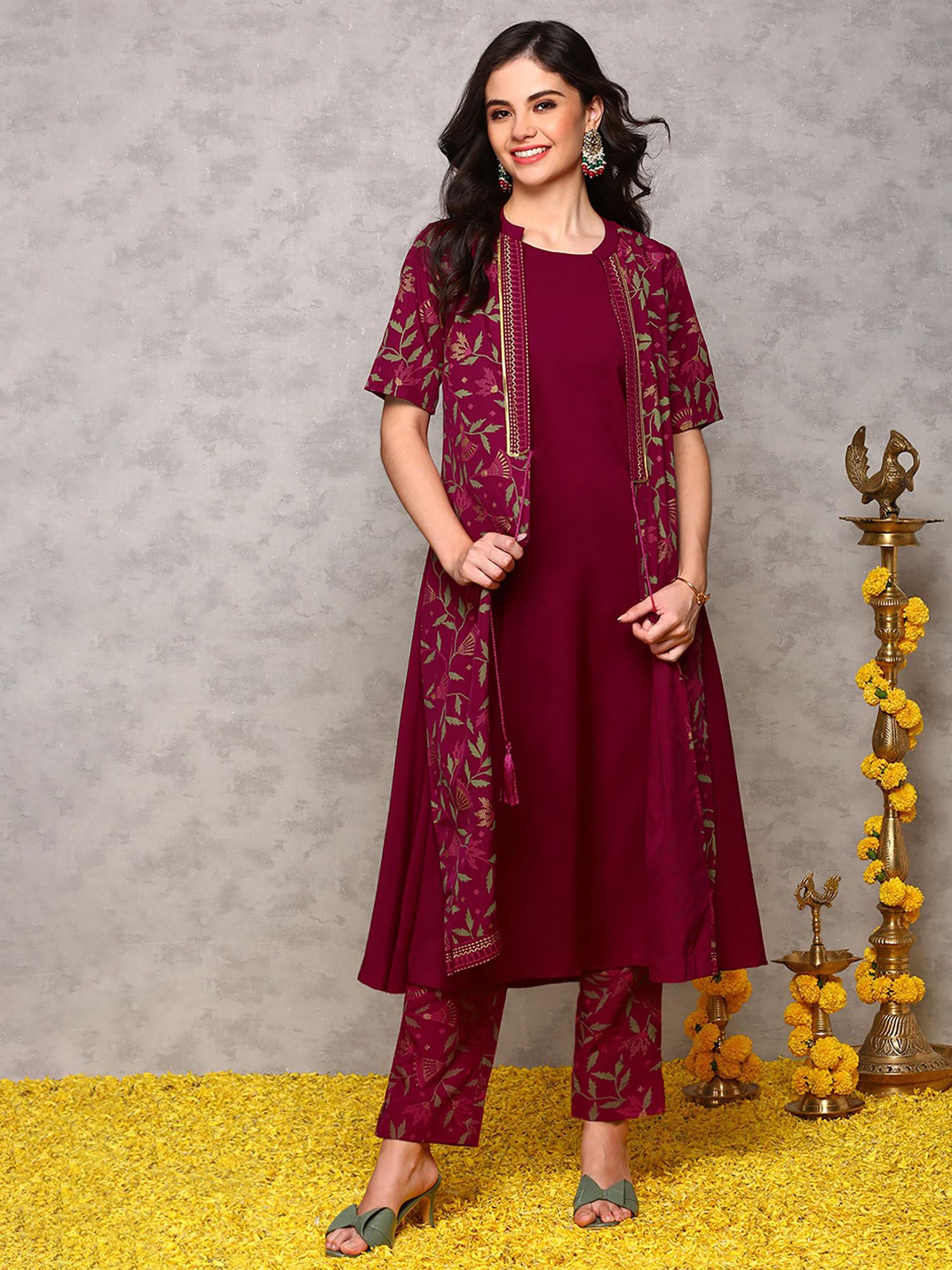 women crepe printed wine kurta with pant and jacket (set of 3)