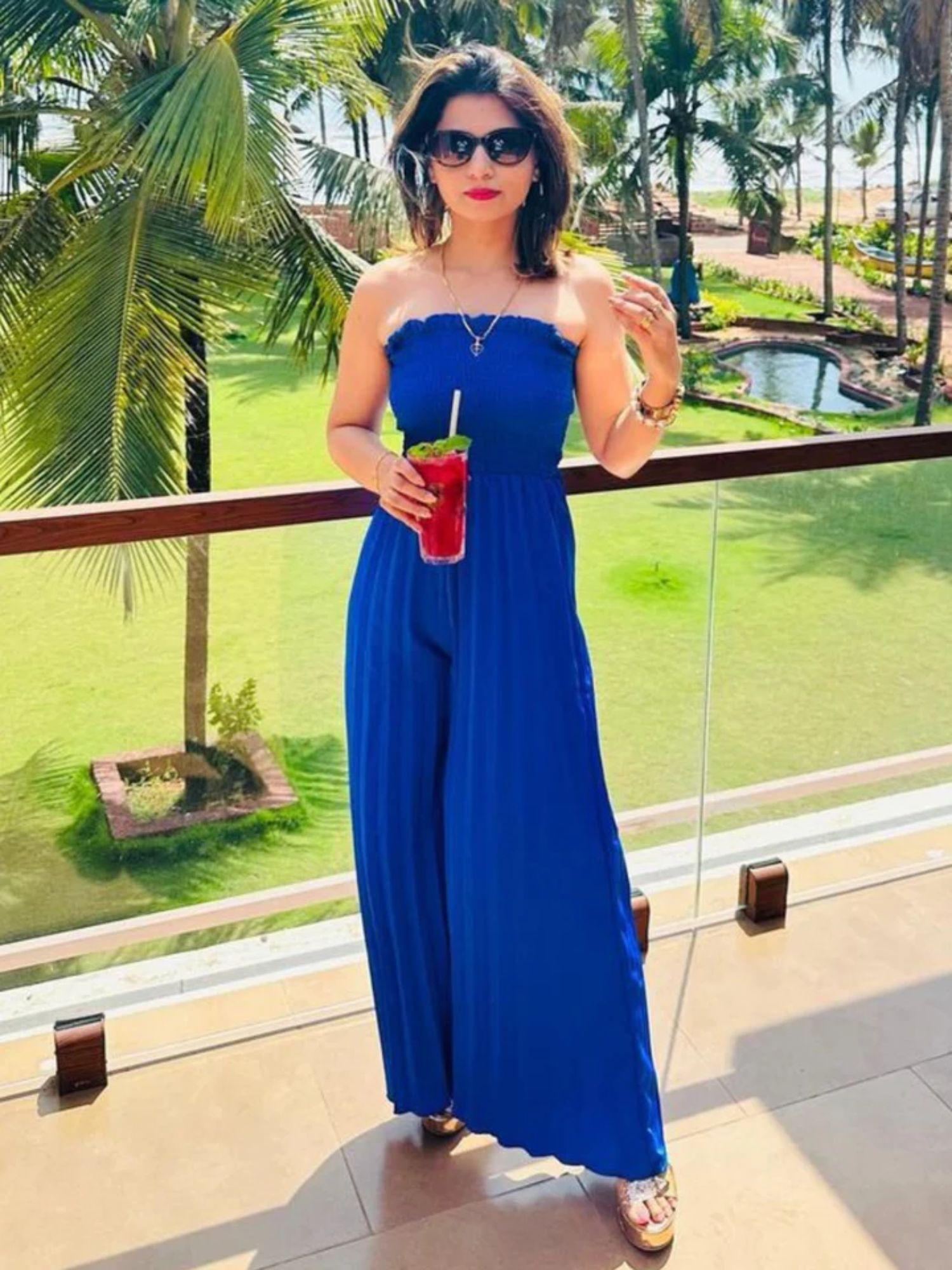 women crepe smocked strapless maxi jumpsuit blue