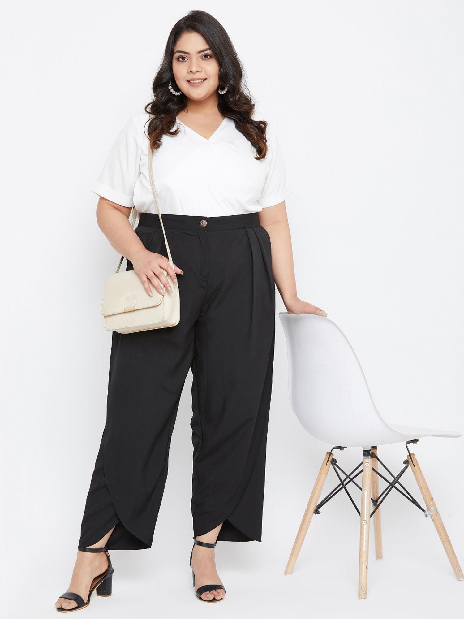 women crepe solid black plus size tulip pants