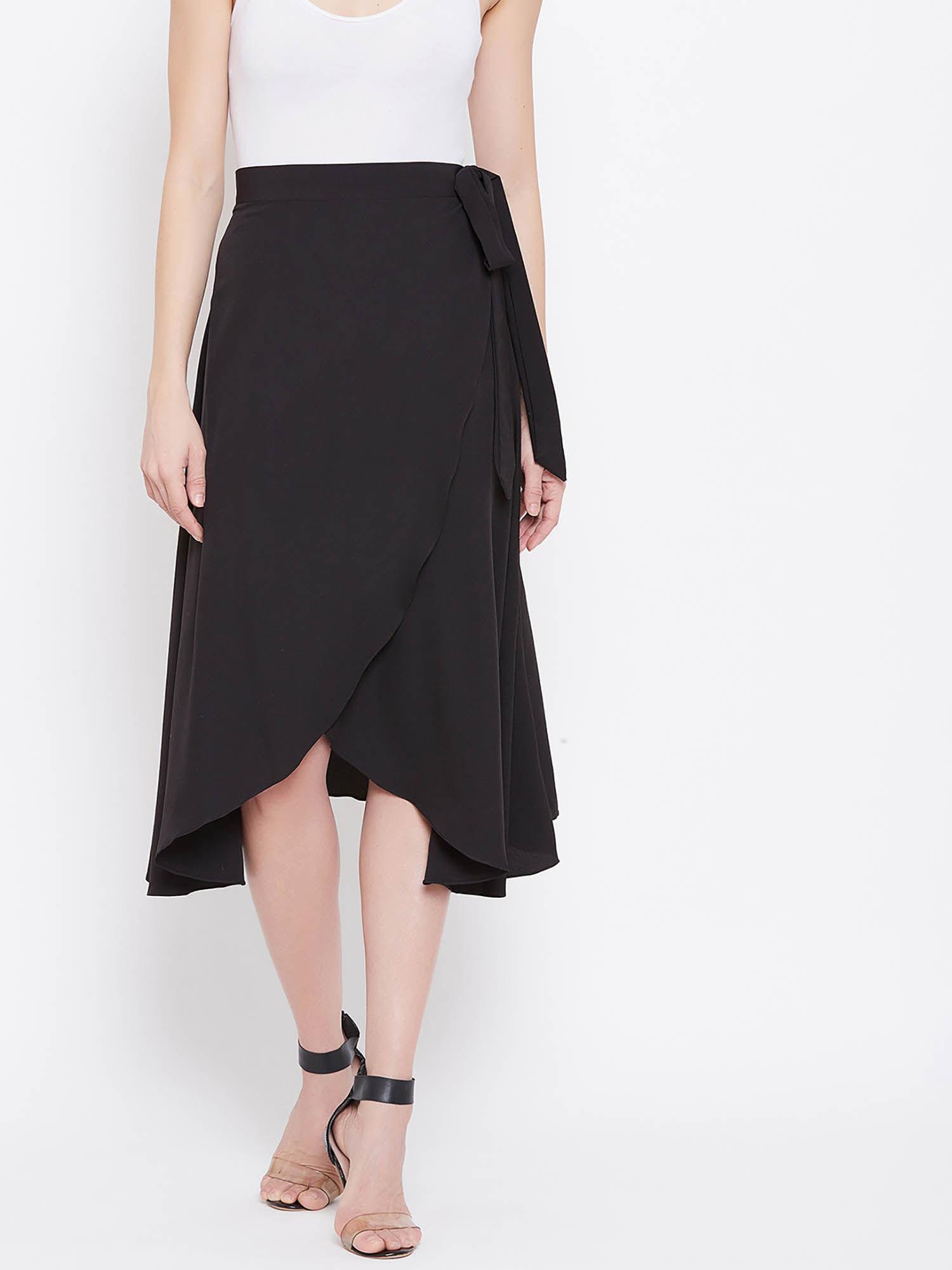 women crepe solid ruffle midi skirt