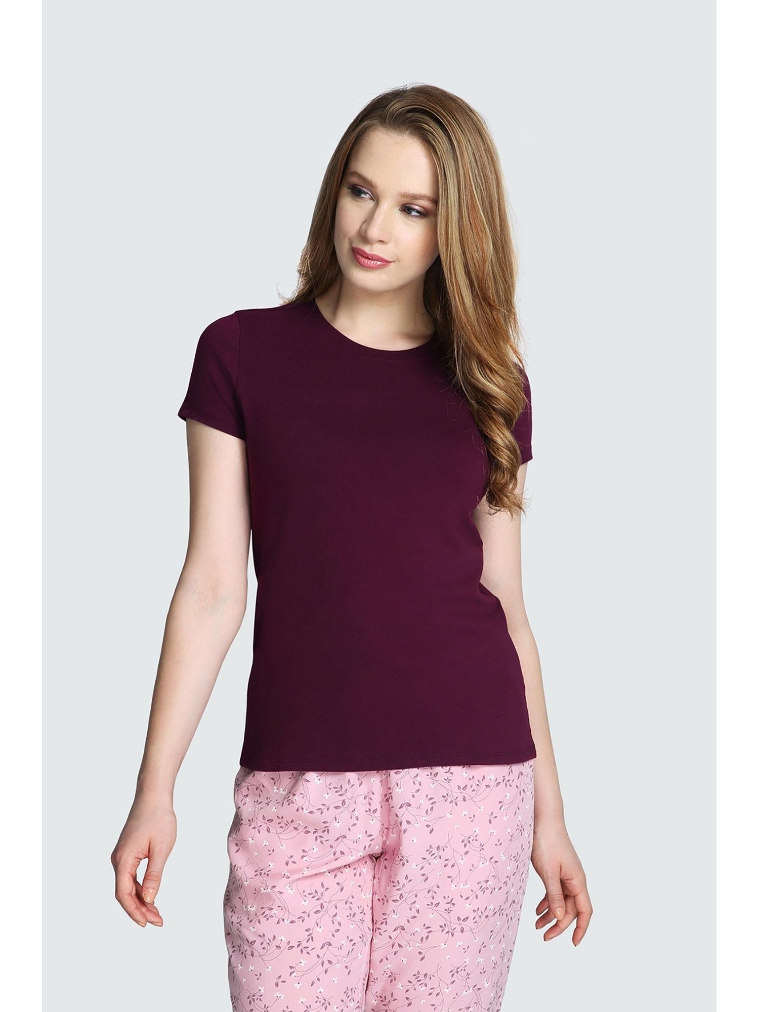 women crew neck & short sleeve lounge t-shirt - burgundy