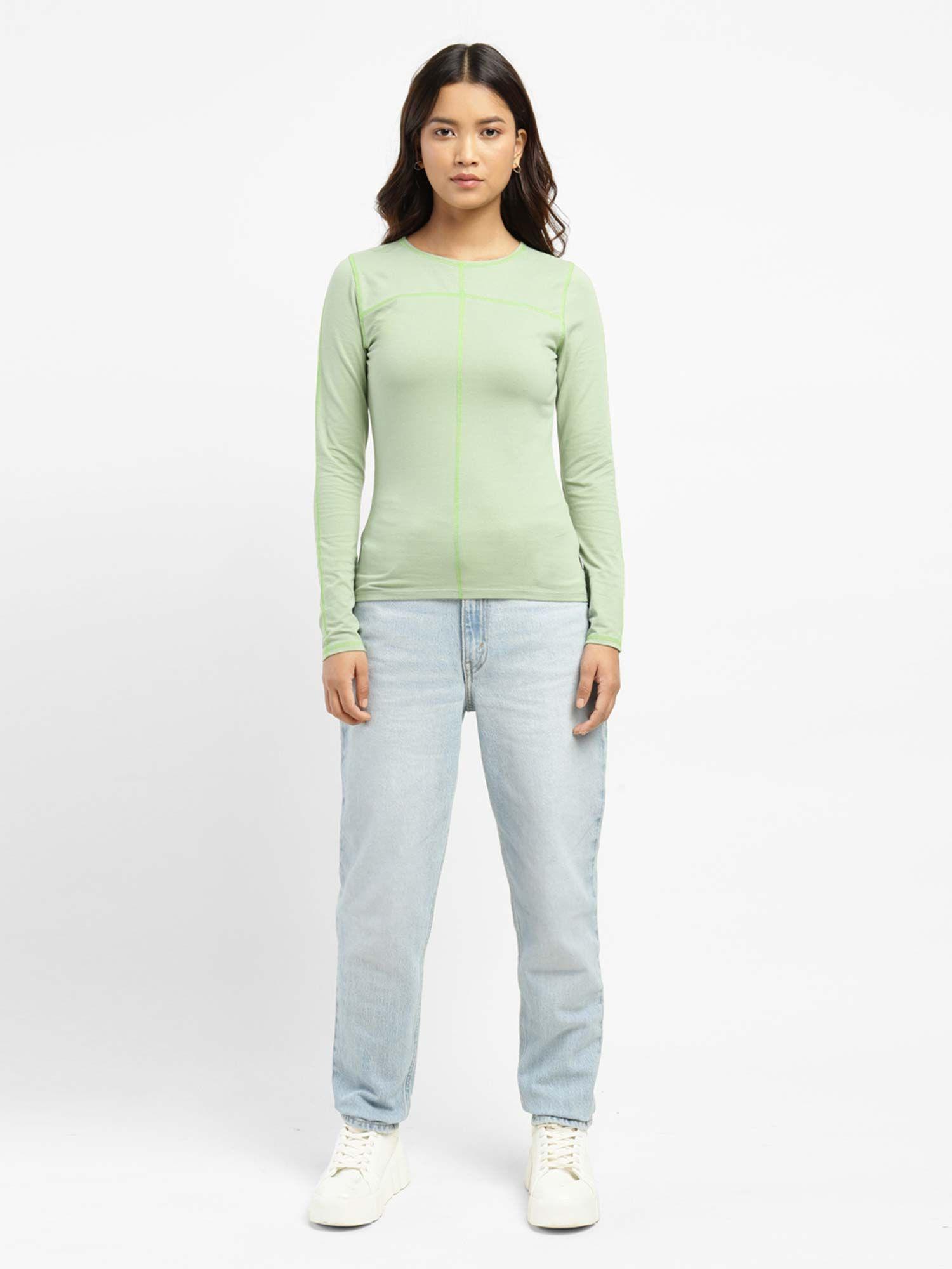 women crew neck green top