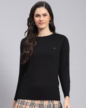 women crew-neck pullover with ribbed hem sleeves