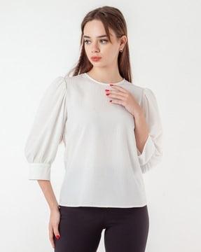 women crinkled fitted round-neck top