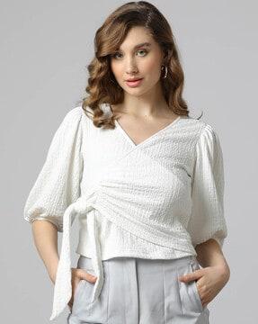 women crinkled fitted v-neck wrap top