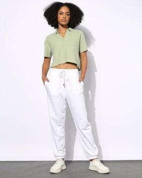 women crinkled relaxed fit crop polo t-shirt