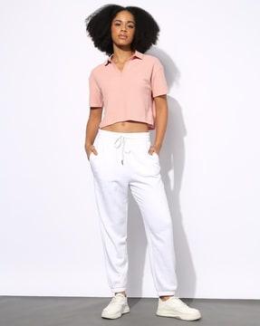 women crinkled relaxed fit crop polo t-shirt