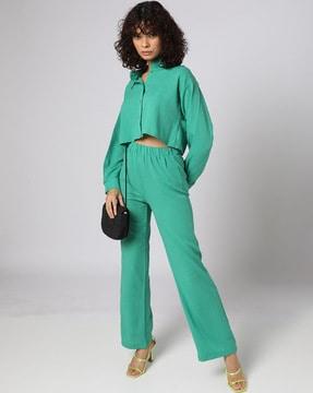 women crinkled relaxed fit shirt & pants co-ord set