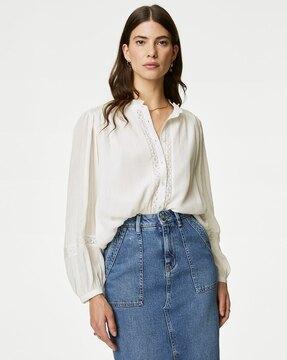 women crinkled relaxed fit shirt with lace insert