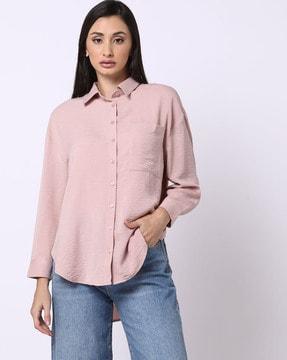 women crinkled relaxed fit shirt with patch pocket