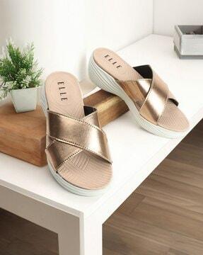 women criss-cross strap slip-on wedges