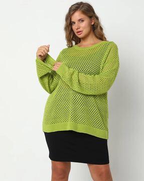 women crochet pullover with ribbed-hem