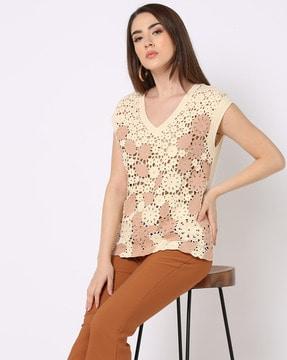 women crochet relaxed fit v-neck top