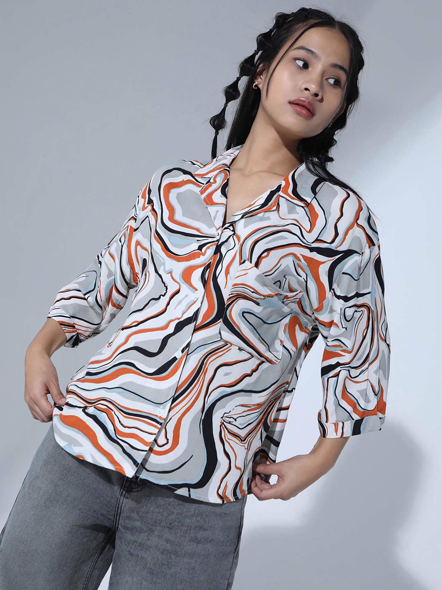 women cuban collar three fourth sleeves oversized party shirt multi-color