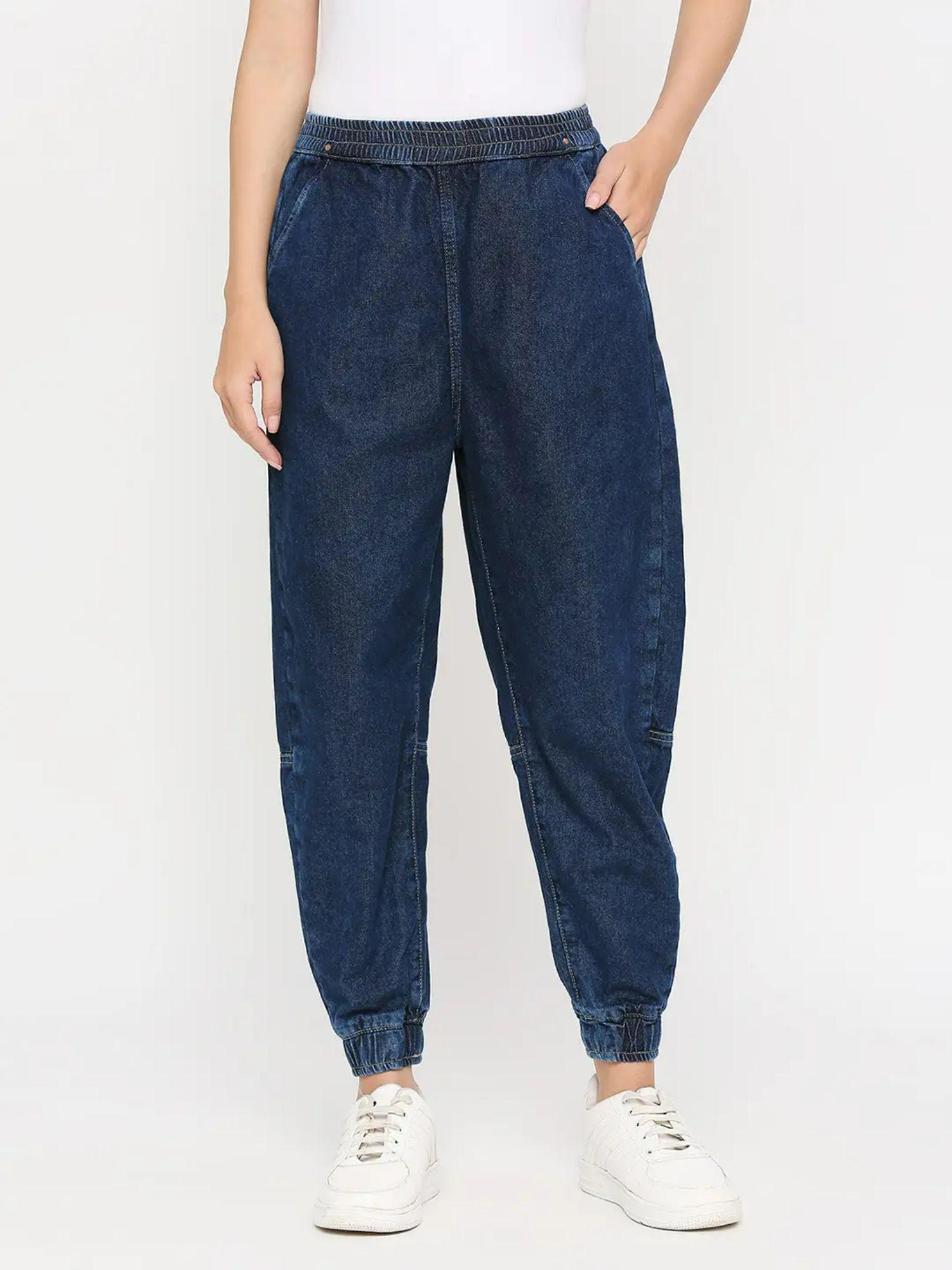 women dark blue baggy fit crop length clean look mid rise joggers jeans (clara)