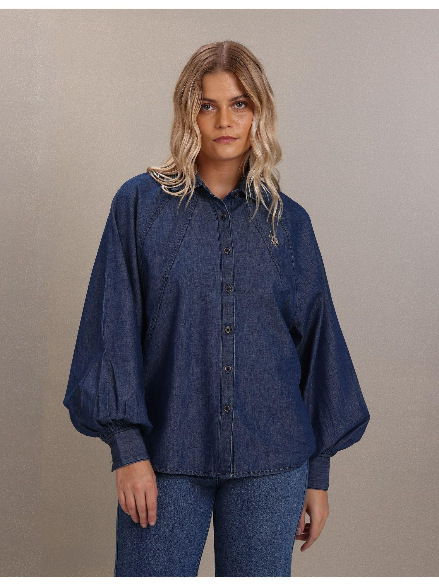 women dark blue chambray cotton casual shirt