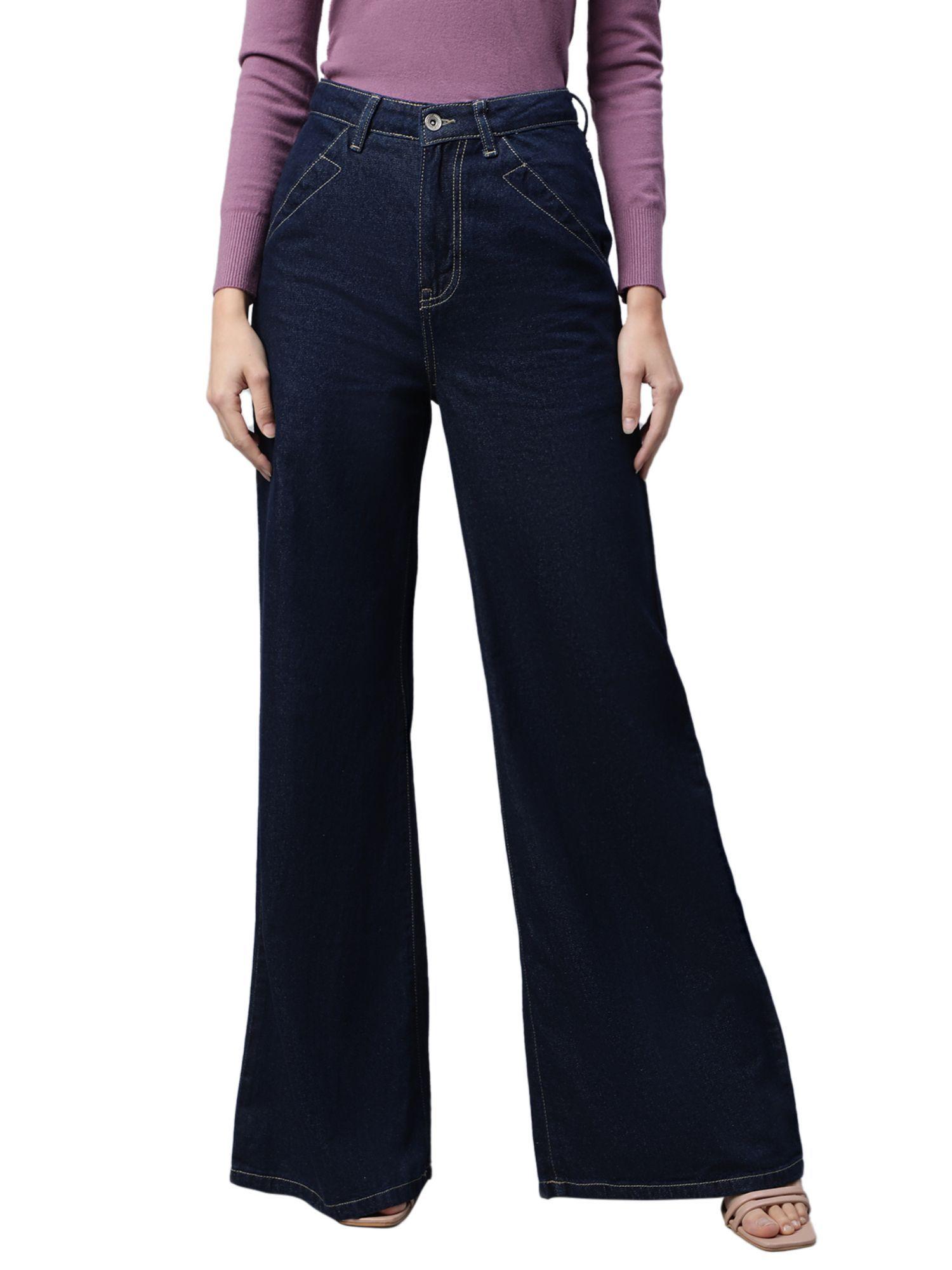 women dark blue contrast stitch wide leg mid rise jeans