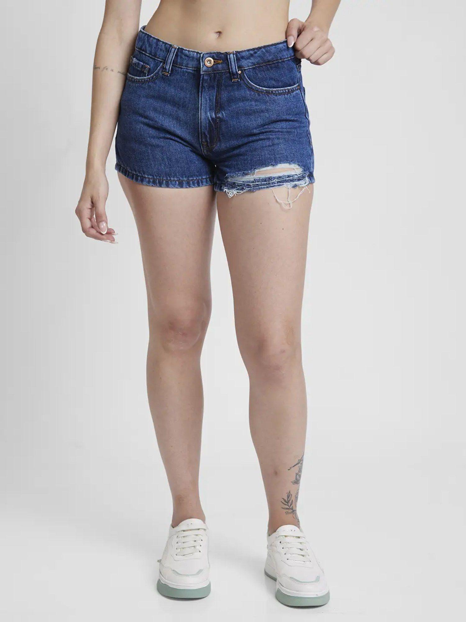 women dark blue cottom slim fit above knee length denim shorts