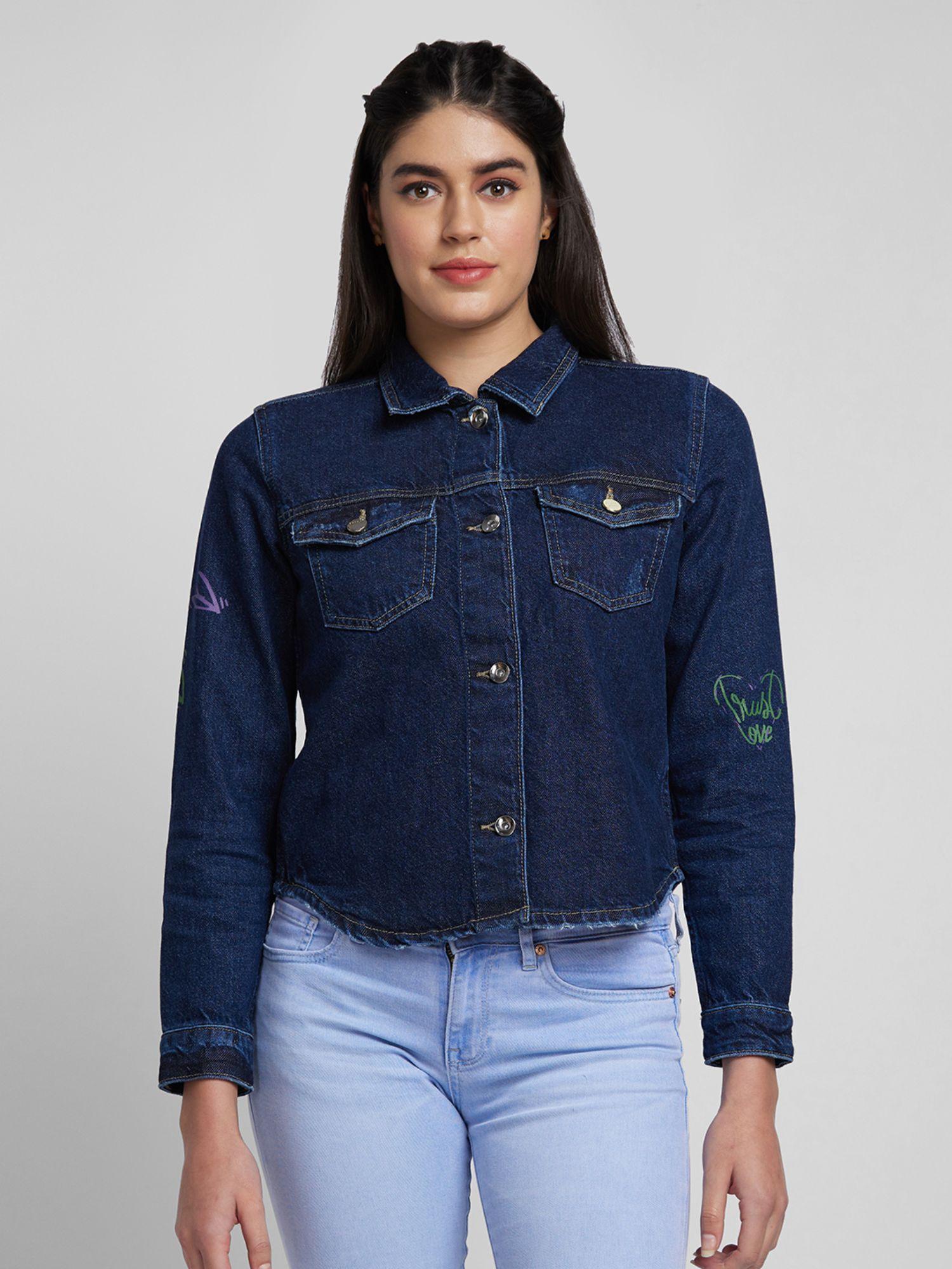 women dark blue cotton regular fit denim jacket