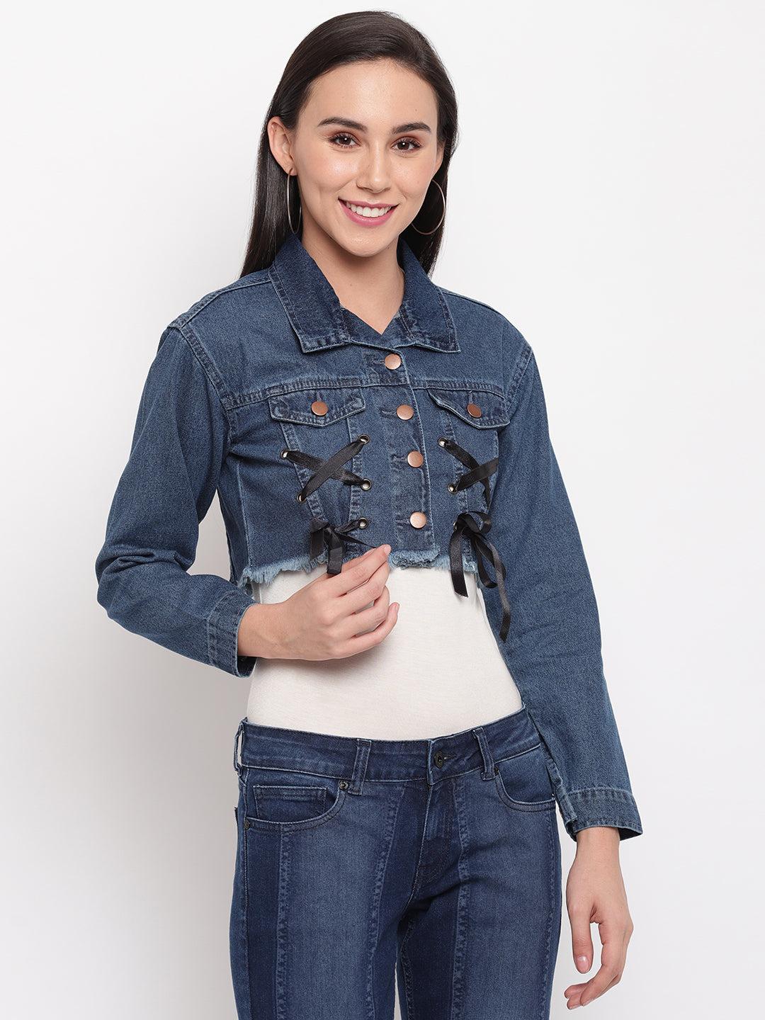 women dark blue cropped denim jacket