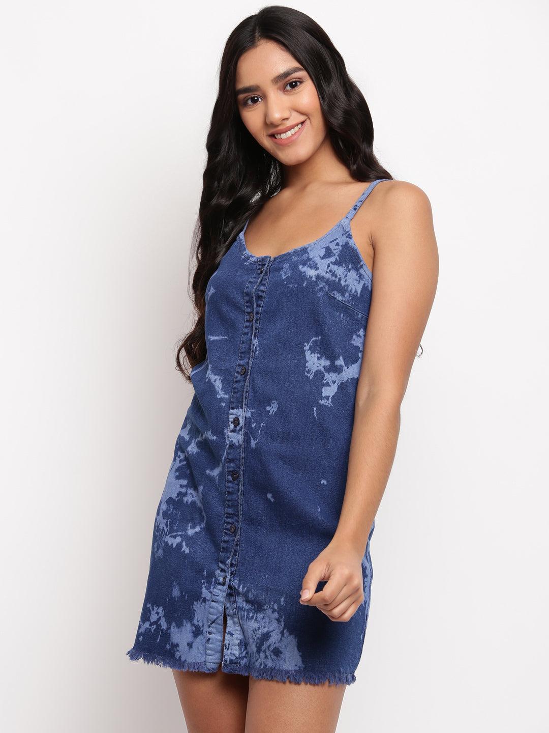 women dark blue denim dress