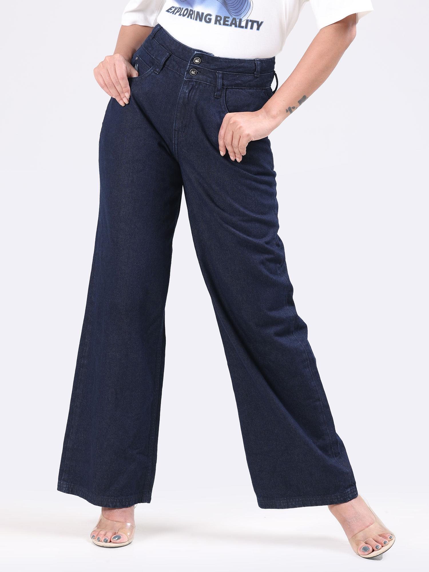 women dark blue double waistband high waist wide leg jeans