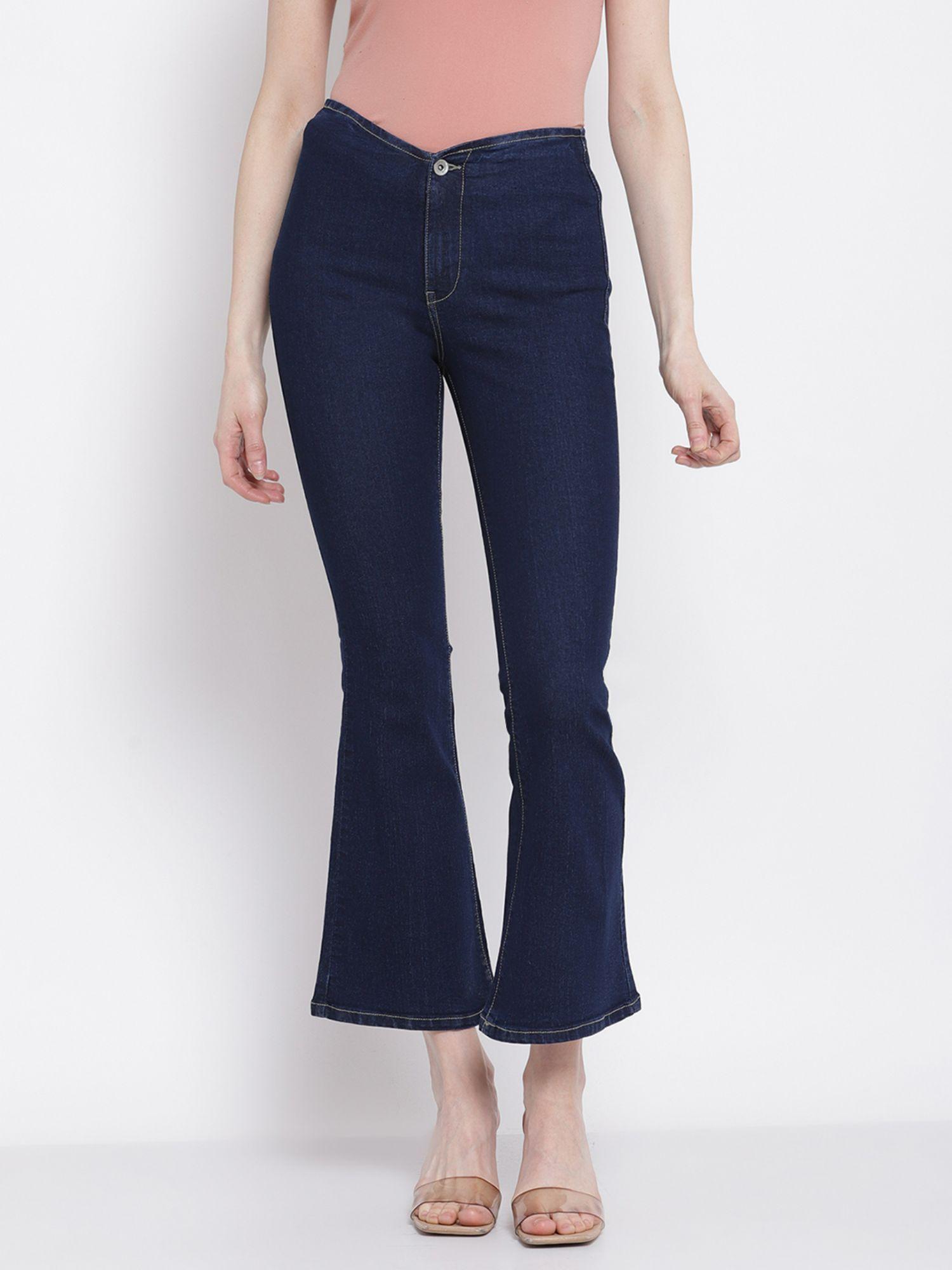 women dark blue flaredo solid denium jeans