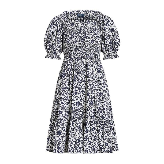 women dark blue floral blouson-sleeve cotton dress