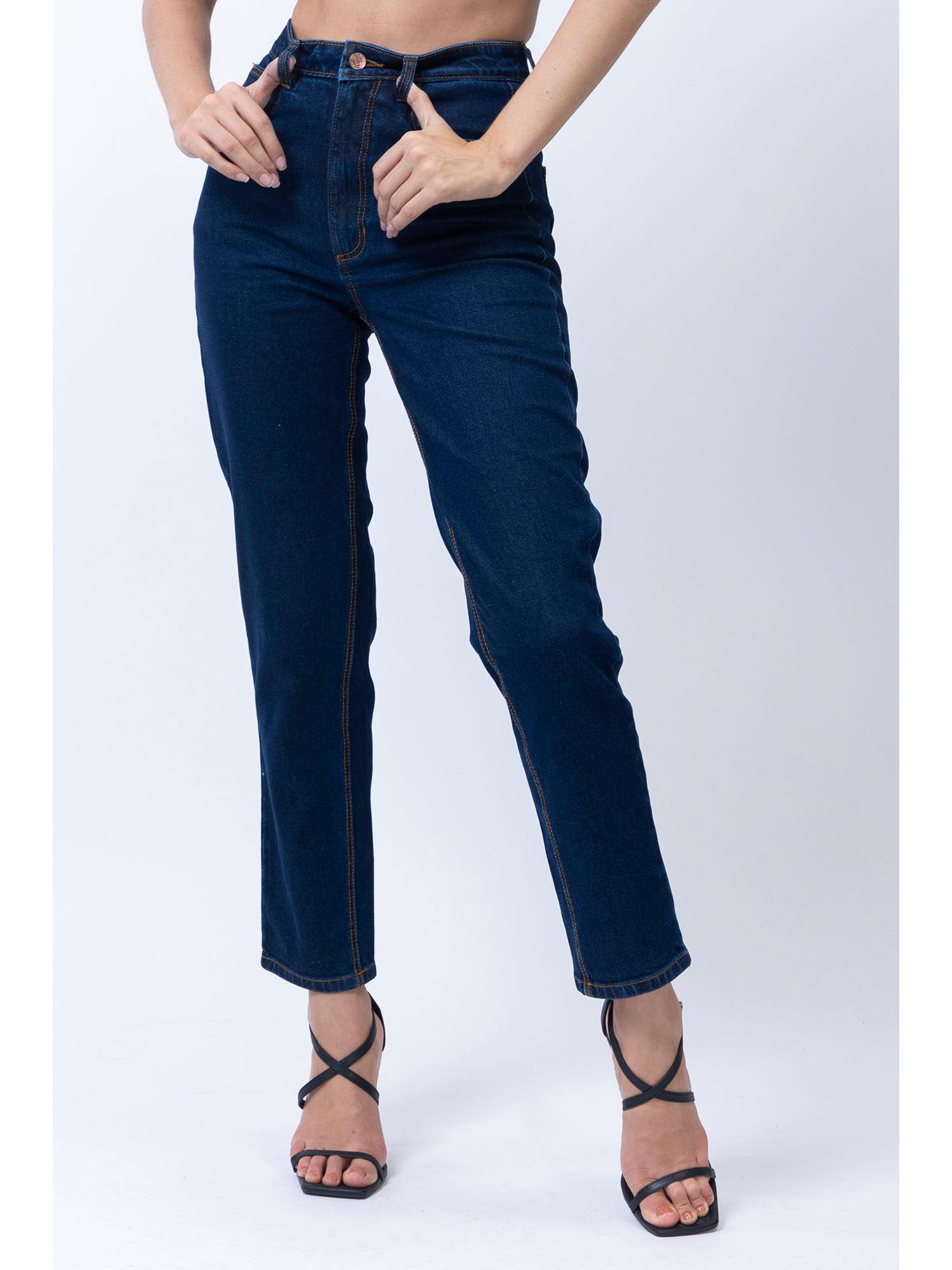 women dark blue high rise mom jeans