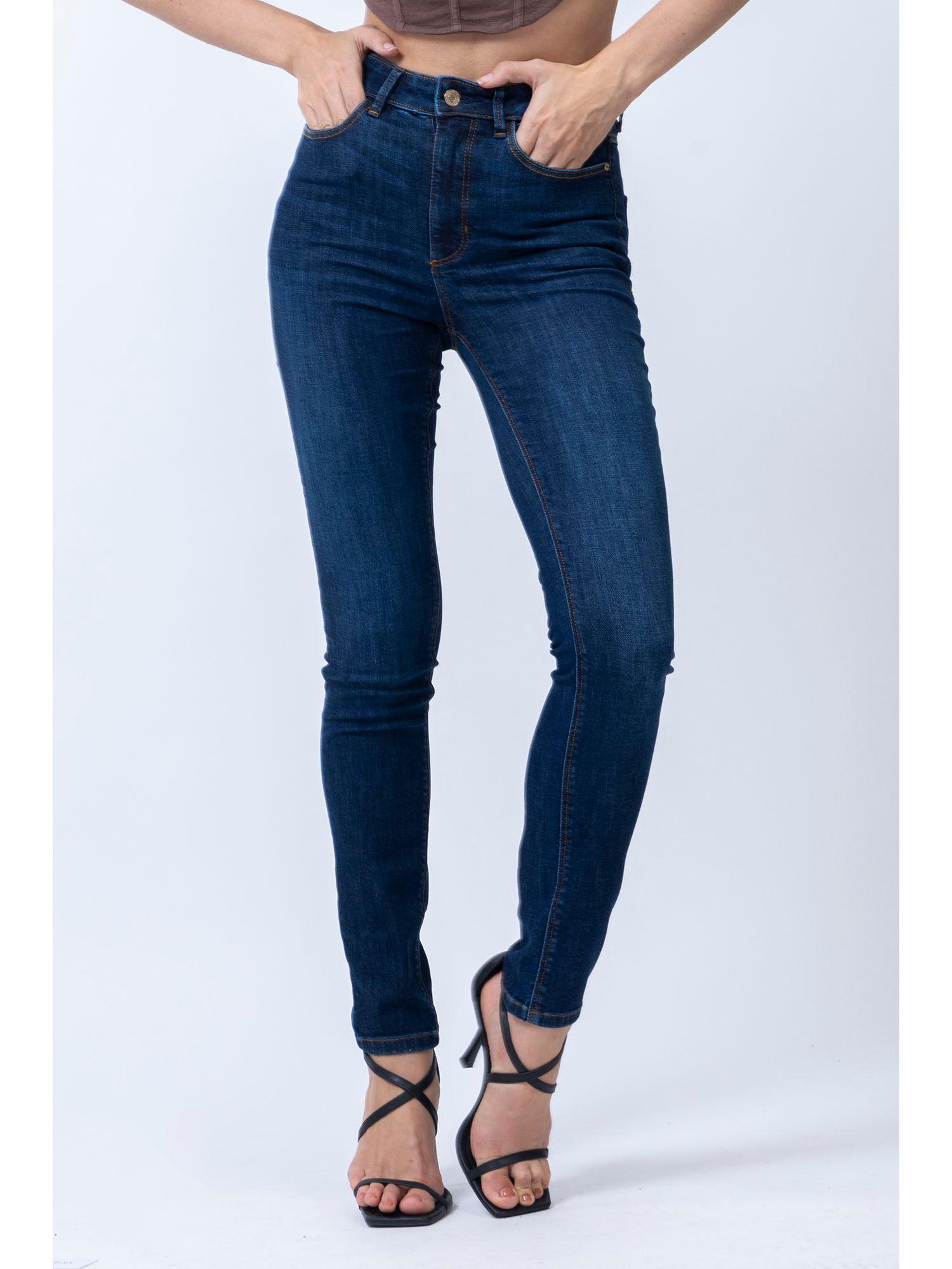 women dark blue high rise skinny fit denim