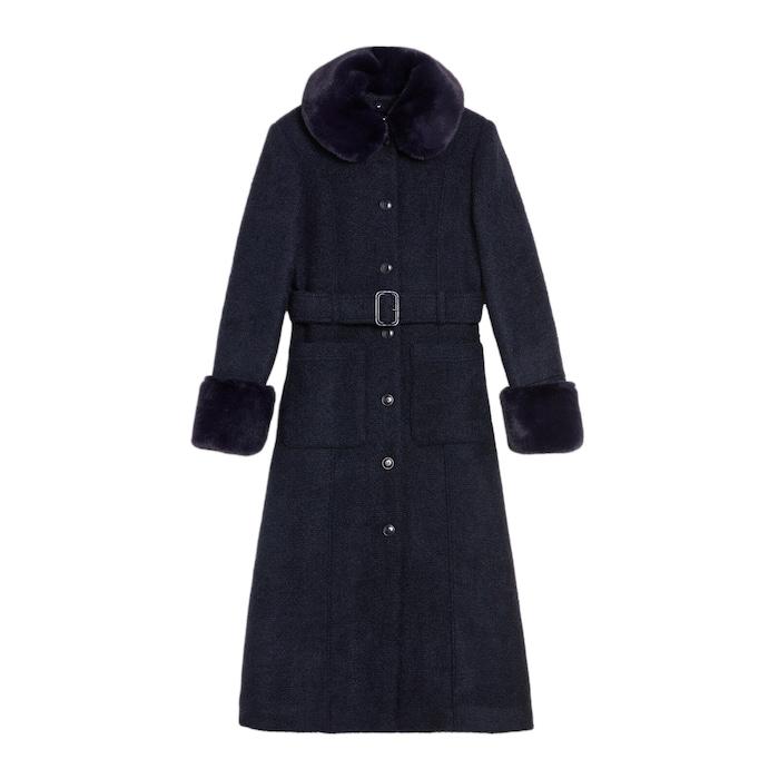 women dark blue longline wool blend coat with faux fur