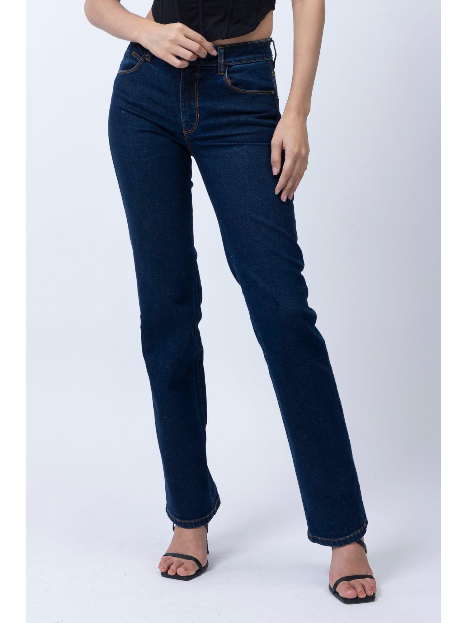 women dark blue mid rise straight fit denim