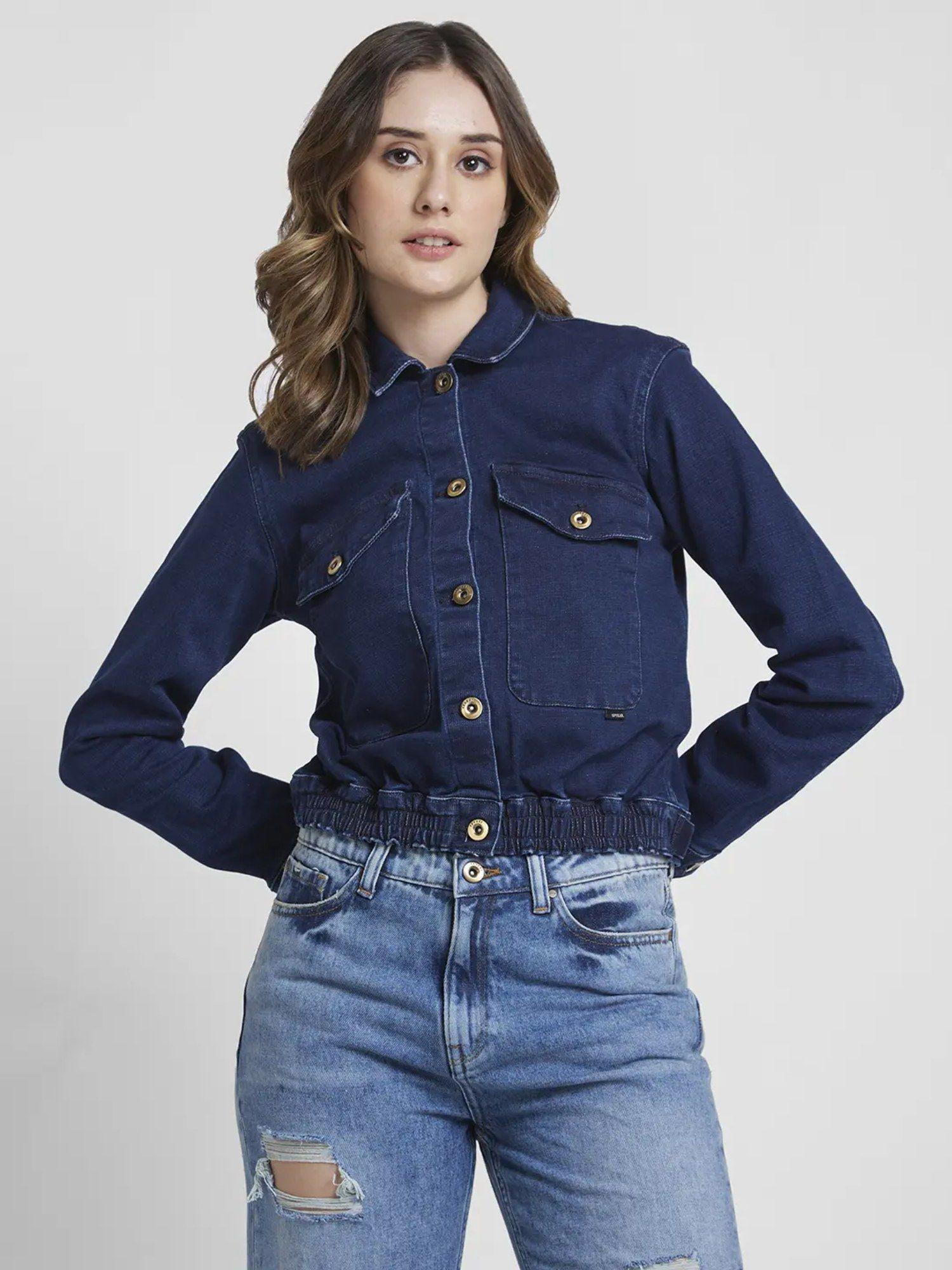 women dark blue regular fit classic collar denim jacket